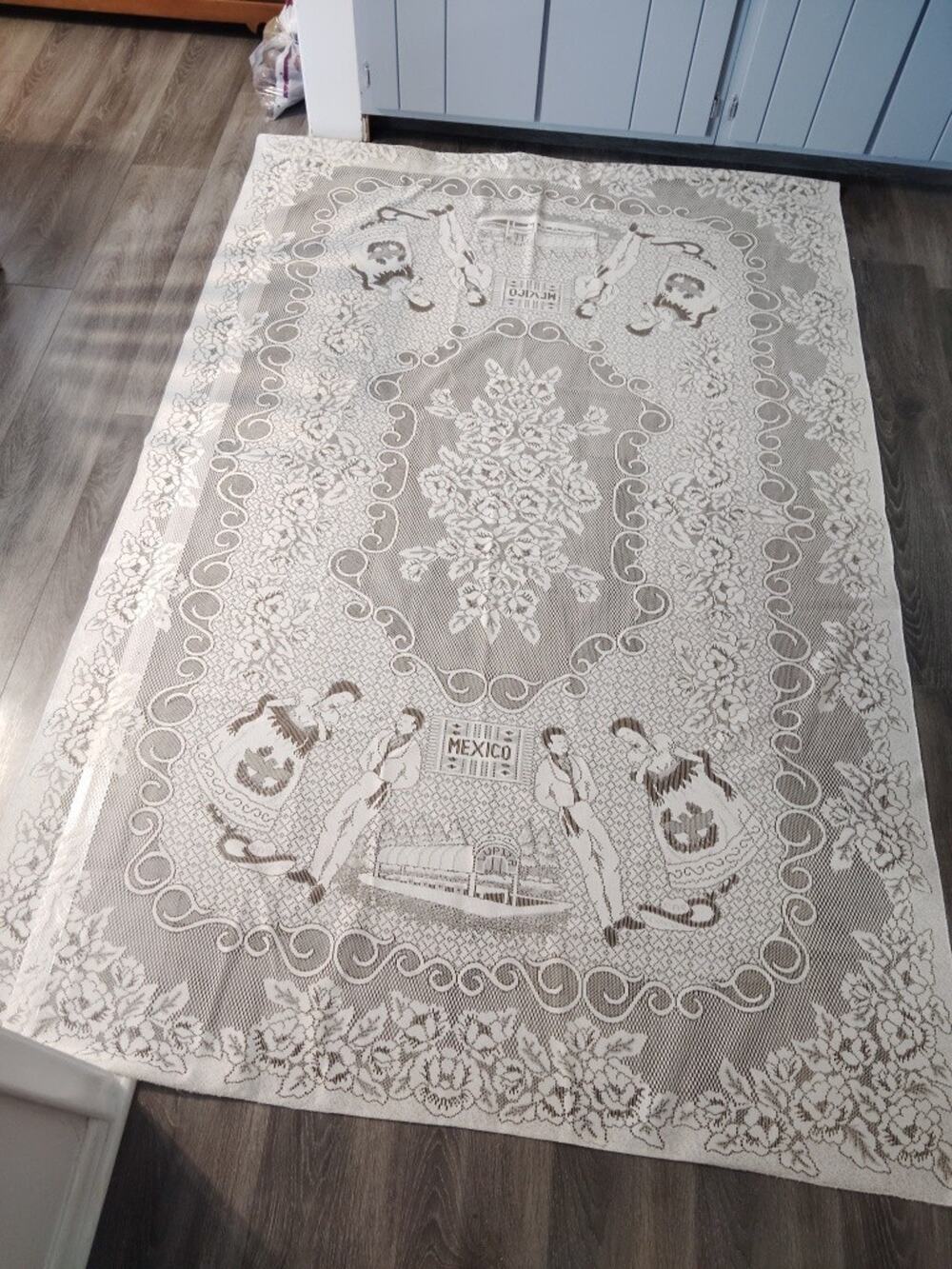 Vintage Lace Ivory Mexico Culture Figures 61" By 91"